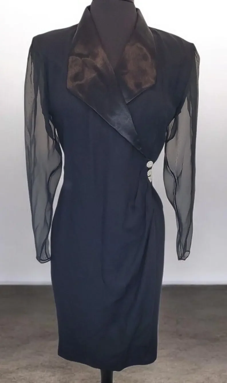 VTG J.R. Nites Wrap Dress USA Black Satin Sheer Sleeve Formal 80s 90s